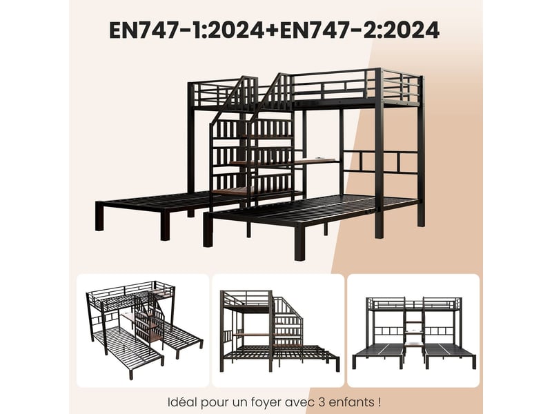  Lit superposé 90x200, échelle rangement lit superposé adulte, bureau intégré, ports usb, led multicolore  - Conforama E