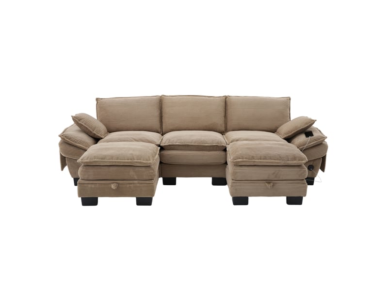  Canapé modulable 3 places en velours côtelé kaki avec 2 poufs de rangement et usb-c pour le salon au quotidien  - Conforama A