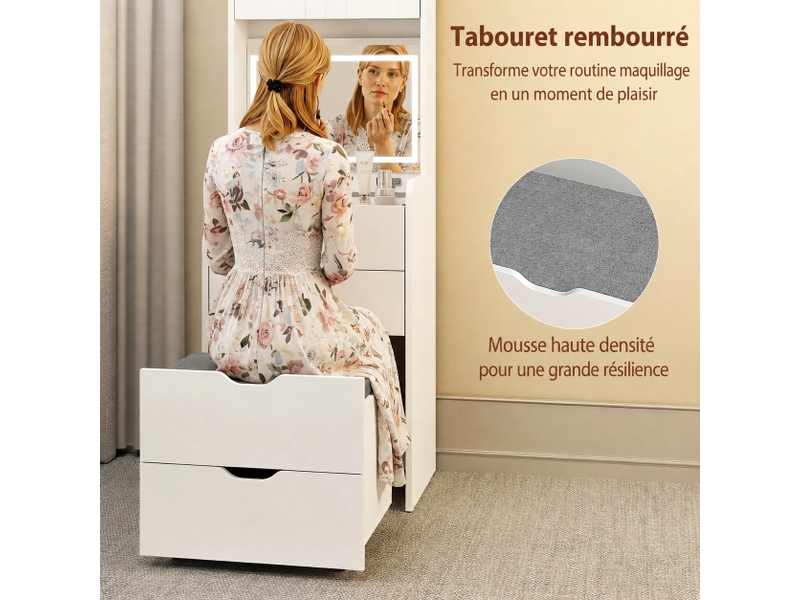  Coiffeuse blanche avec miroir éclairé et tabouret, led 3 teintes, 3 tiroirs et placard, 50 x 40 x 160 cm  - Conforama D