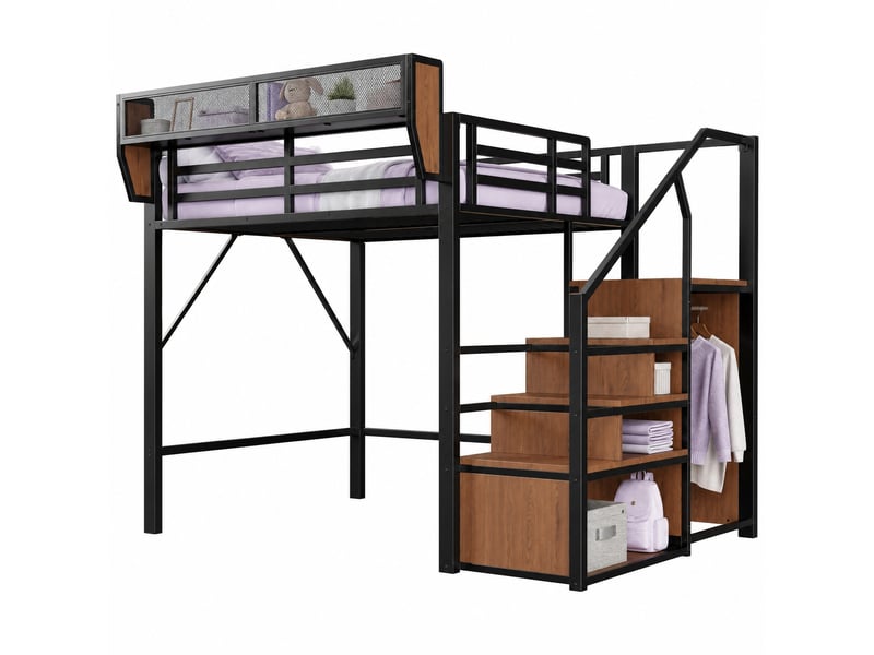  Lit mezzanine enfant 140x200 cm – noir – led multicolore, étagères flexibles et échelle - sans matelas  - Conforama A