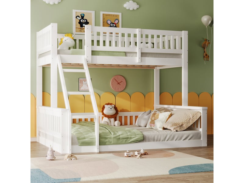  Lit superposé blanc pour enfant, lit superposé 90x200 et 140x200 en bois de pin avec échelle et barrière, sans matelas.  - Conforama R