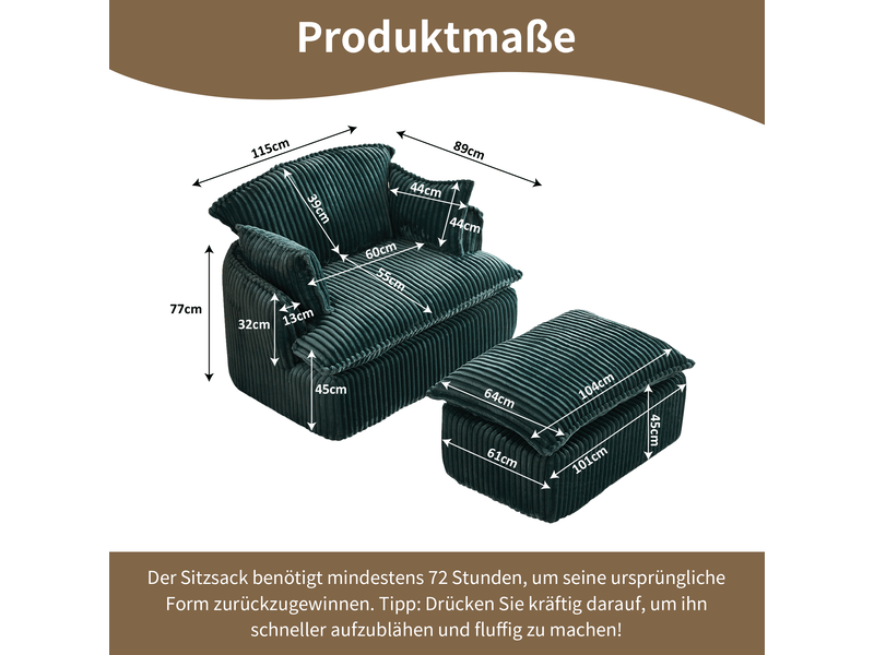  Fauteuil compresse vert avec repose-pieds intégré et rangement, canapé compact salon moderne coussin jetable inclus  - Conforama C