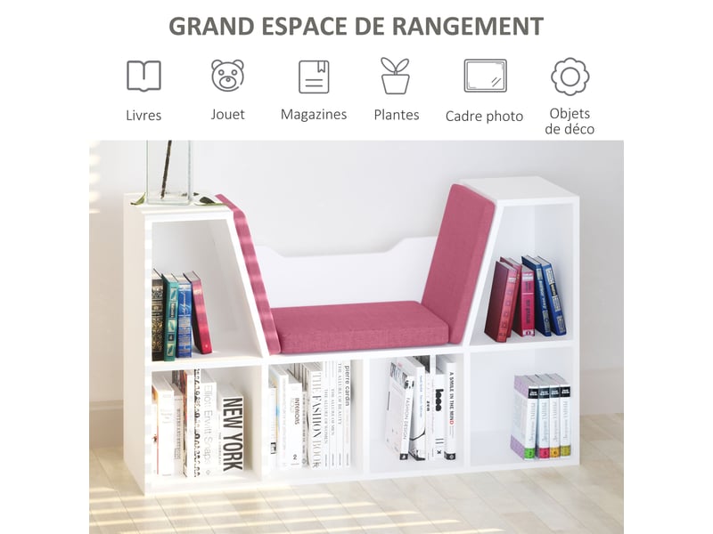  Bibliothèque banc 2 en 1 avec coussins et 6 casiers en panneau de particules 102x30x61 cm  - Conforama D