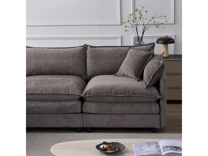  Canapé d'angle modulable 3 places avec méridienne et pouf - chenille gris - 267x154x85 cm  - Conforama R