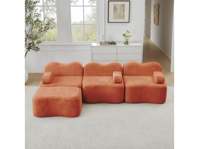  Canapé d'angle modulaire 3 places avec assise profonde, ottoman et dossier ergonomique, en velours, orange  - Conforama B