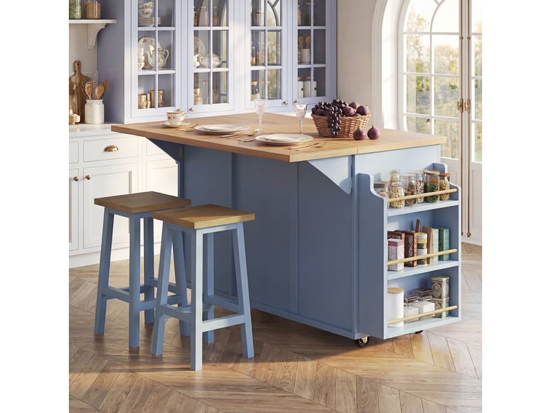  Îlot de cuisine sur roulettes bleu avec plateau rabattable, desserte de cuisine bleue avec panier à vin et espace poubelle, 143x75x91cm  - Conforama R