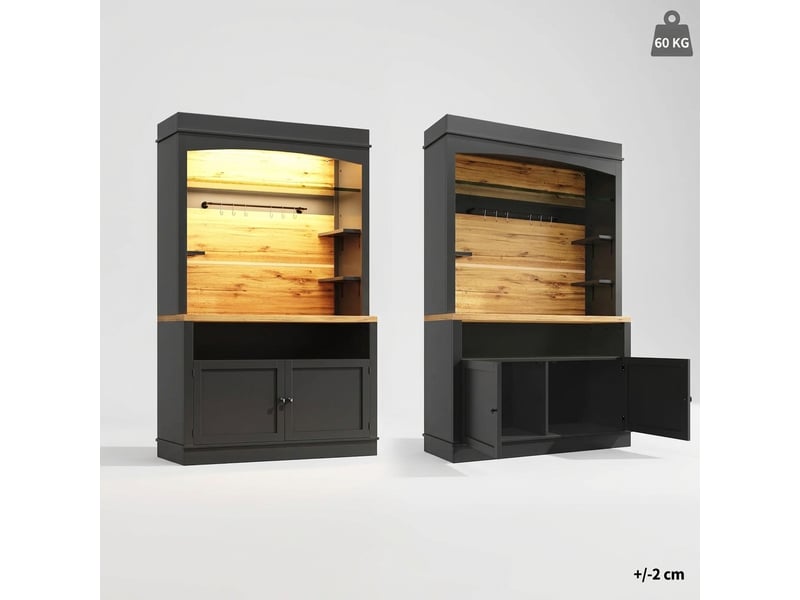  Buffet de cuisine haut noir 107x43x184 cm avec led et étagère ouverte  - Conforama C