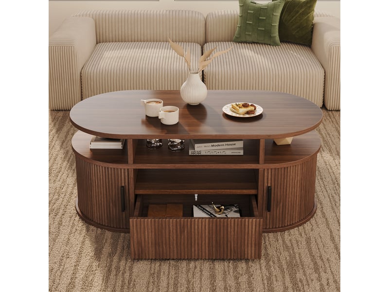 Table basse ovale 100x50x40 cm, 1 tiroir à ouverture par pression, 2 portes coulissantes, mdf et aggloméré, décor noyer - Conforama C