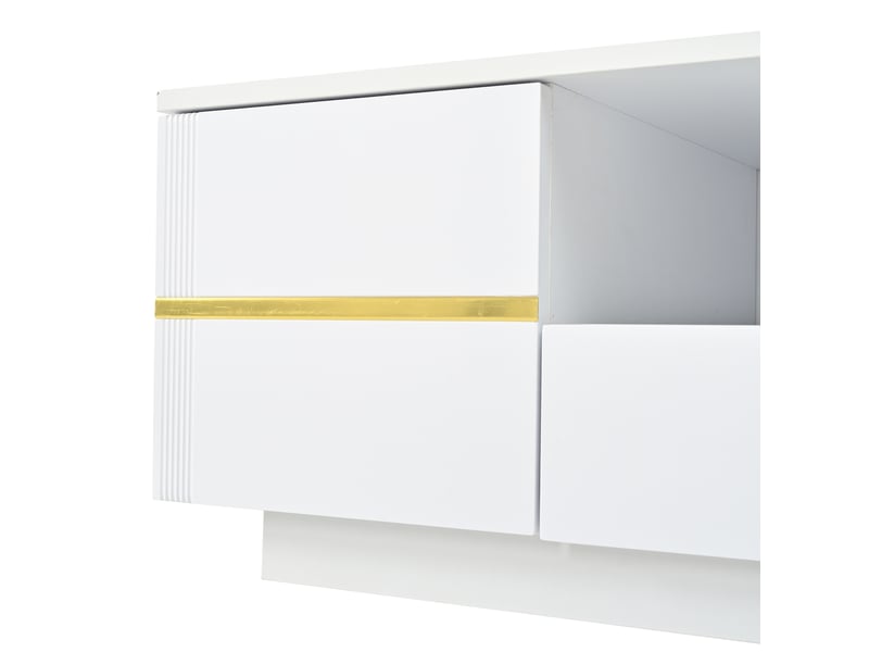 Table basse led 100x50x35,5 cm – blanc et accents dorés – 2 portes, tiroir et rangement ouvert moderne  - Conforama E