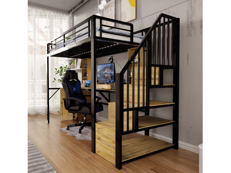  Lit mezzanine 90x200 cm noir avec bureau, rangement et usb, pour un espace de travail organisé, sans matelas  - Conforama E