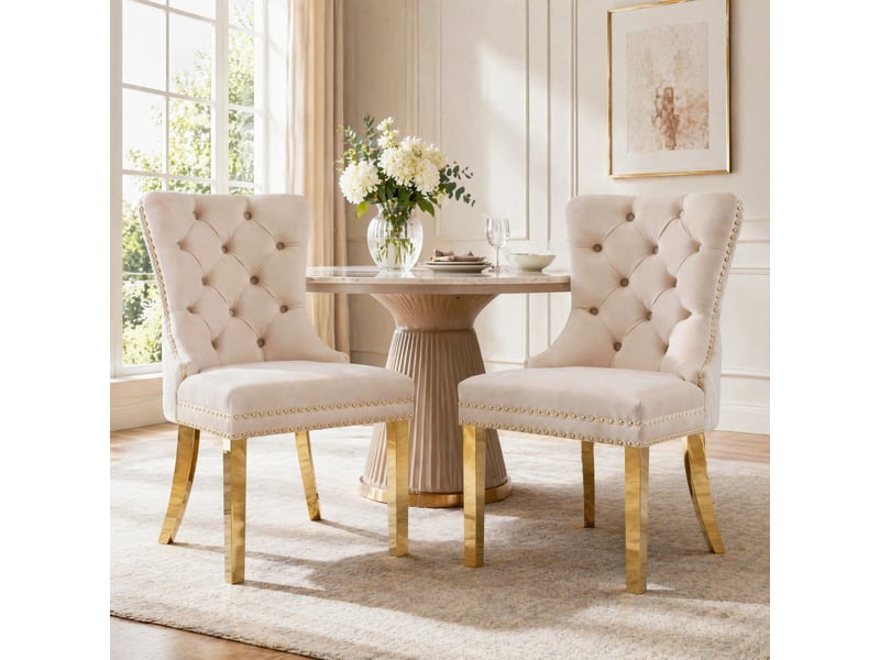  Lot de 2 chaises de salle à manger,50.5x45x95 cm,velours et métal doré,beige  - Conforama B