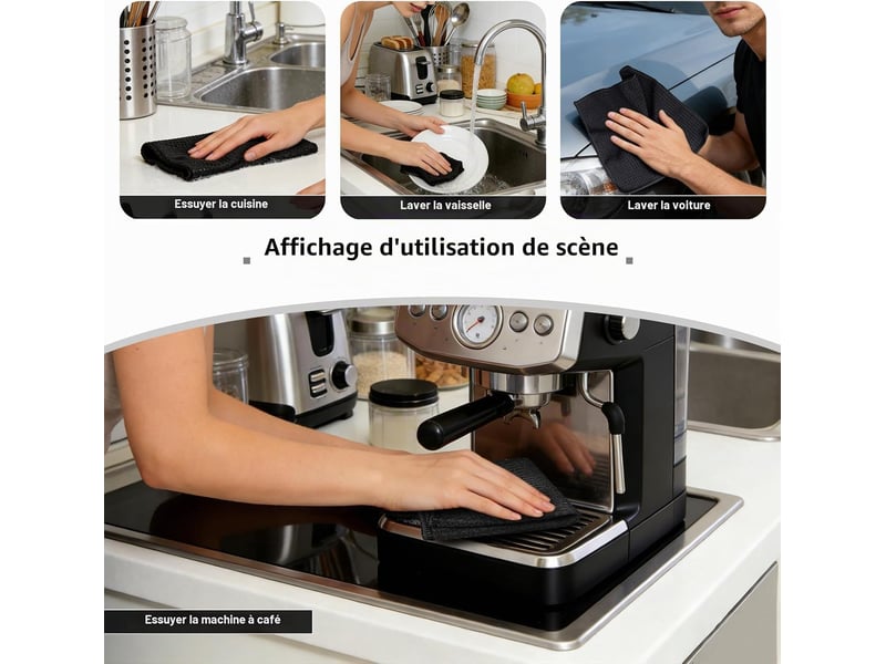 6 pièces chiffon microfibre cuisine 20x20 cm - petites lavettes cuisine noir & torchons vaisselle - tissu alvéolé super absorbant pour barista (noir) CSTY-0010114TY - Conforama D