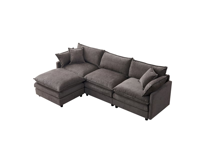 Canapé d'angle ulevr 3 places avec méridienne et pouf modulable 267 x 154 cm, chenille gris  - Conforama A
