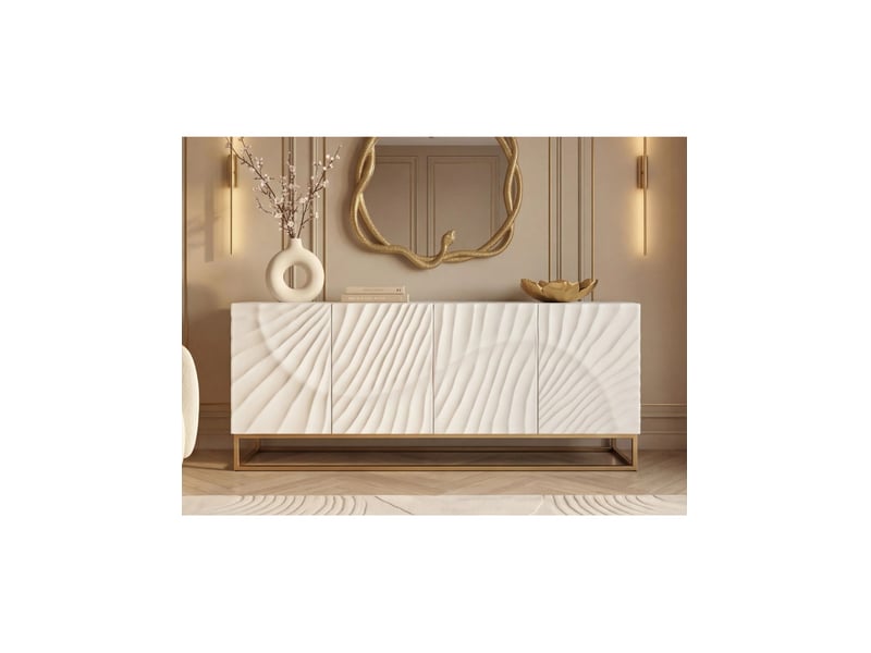  Buffet silva 177 cm en bois massif de manguier blanc sculpté – 4 portes et piètement doré  - Conforama D