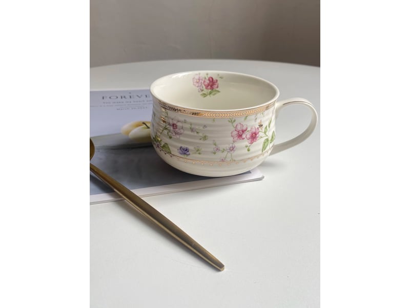 Tasse de petit-déjeuner en céramique, fleurs roses, 14 × 7,8 cm - Conforama D