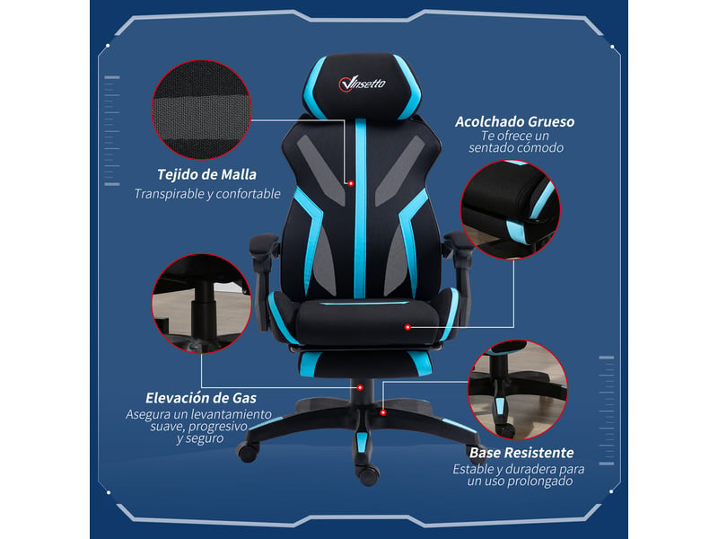 Chaise de bureau ergonomique, chaise gaming avec repose-pieds rétractable, noir et bleu 65x65x119-129 cm - Conforama W