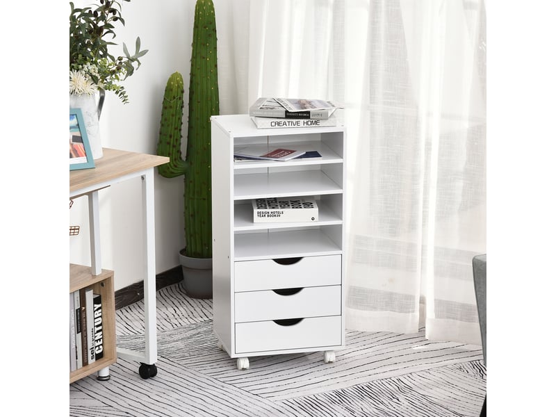  Caisson de bureau à 3 tiroirs et 4 étagères ouvertes, monté sur roulettes, 38 x 40 x 86,8 cm, blanc  - Conforama B