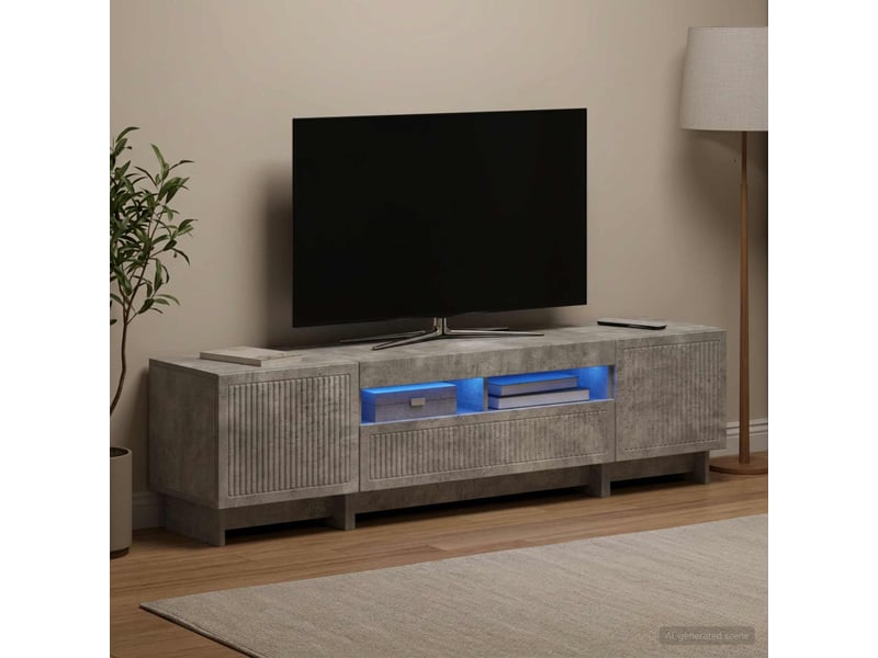  Meuble tv - banc tv - meuble de rangement led 5 pièces gris béton bois d'ingénierie  - Conforama C
