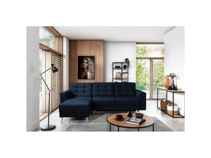 Canapé d'angle convertible hasgard 3 places bleu foncé 248x162 cm – coffre et pieds bois  - Conforama D