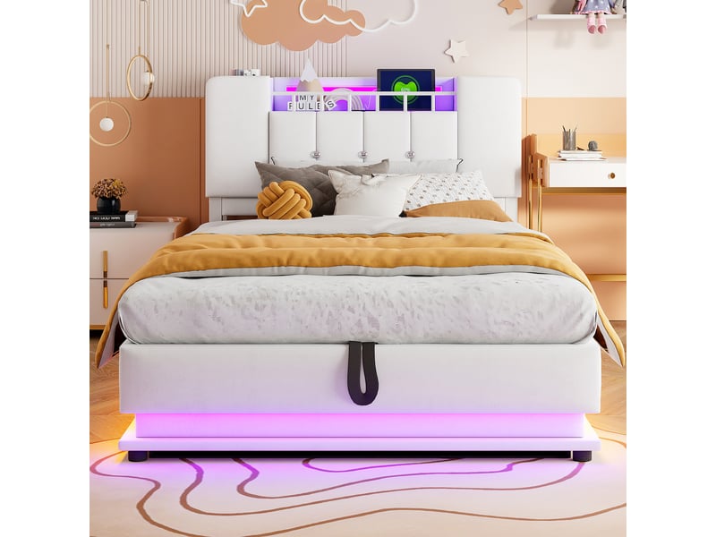  Lit coffre rembourré 90x200 cm coloris beige led tissu lit enfant beige - Conforama D