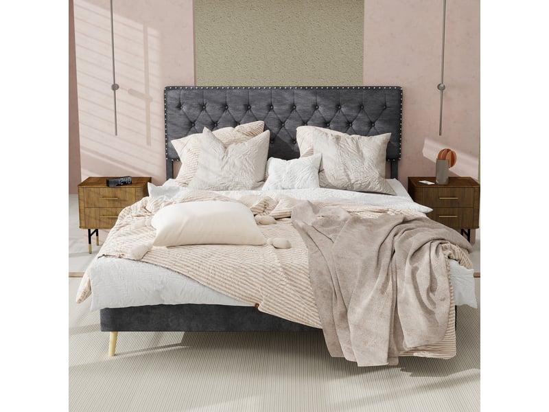 Lit adulte 140 x 200 cm, lit double, avec tête de lit moelleuse et sommier, velours gris, sans matelas - Conforama B