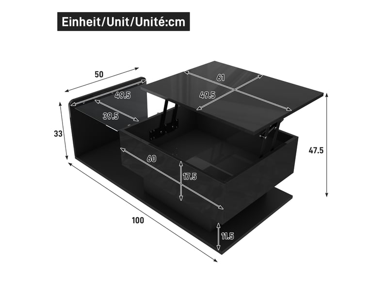  Table basse 100x50 cm relevable avec éclairage led, panneau de particules et verre trempé, noir brillant  - Conforama E