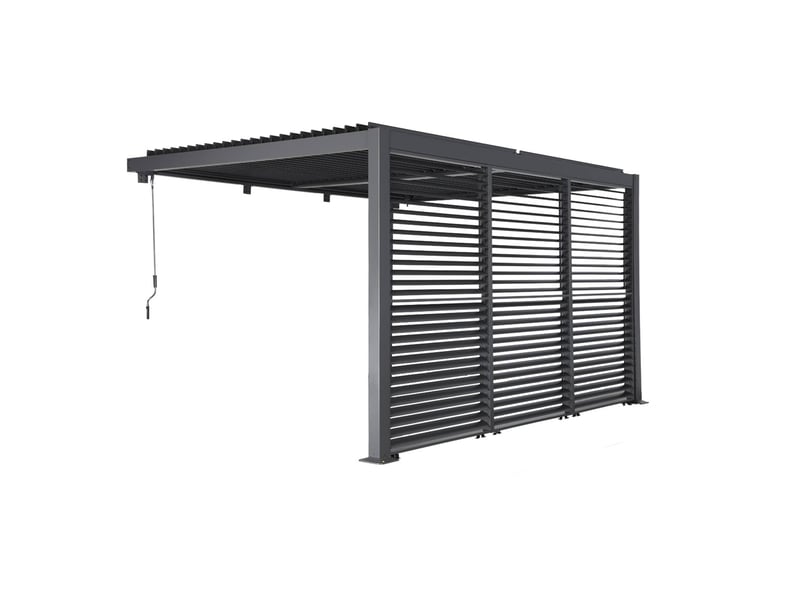  Pergola bioclimatique aluminium adossée 4x3m anthracite + 3 persiennes 130cm lames orientables palace  - Conforama A