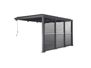 Pergola bioclimatique aluminium adossée 4x3m anthracite + 3 persiennes 130cm lames orientables palace