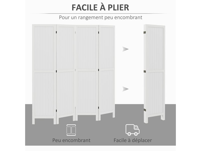  Paravent en bois séparateur de pièce closion intérieur pliable 4 panneaux en bois blanc 160 x 170 cm  - Conforama D
