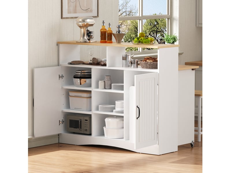 Îlot de cuisine 110x34-68x97,5 cm extensible, plateau rabattable et 2 tabourets inclus, pour cuisine, en mdf, blanc - Conforama B