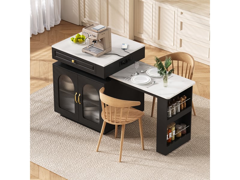  Îlot de cuisine sur roulettes table extensible 128-200 cm led multiprise usb tiroir noir  - Conforama B