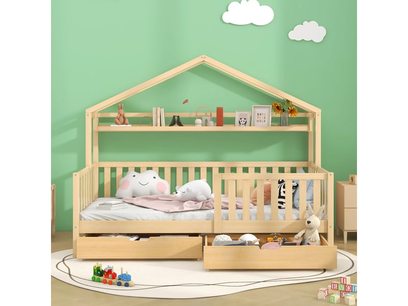  Lit cabane pour enfant 90x200 cm avec tiroirs, bois massif avec sommier à lattes, pour chambre d'enfant ou d'adolescent Fay Lum - Conforama D