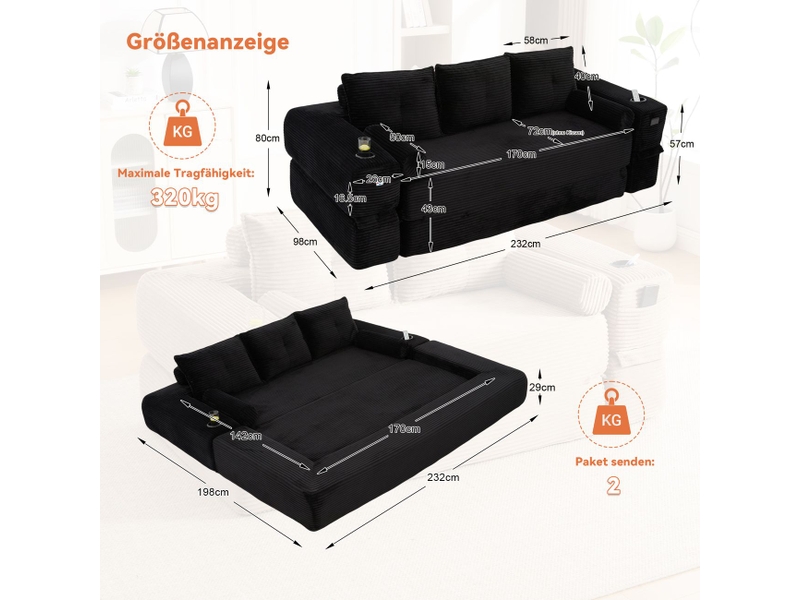 Canapé tissu côtelé mousse haute densité noyau ressorts forme stable confort d'assise poches latérales porte-gobelet - Conforama C