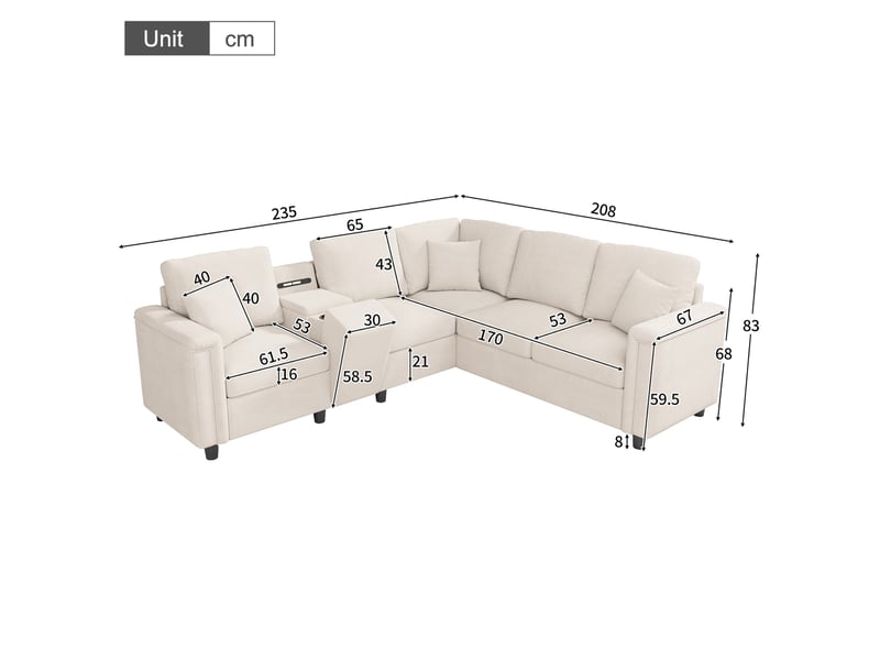  Canapé d'angle modulable 5 places en chenille beige avec console de rangement, porte-gobelets, usb et liseuse  - Conforama C