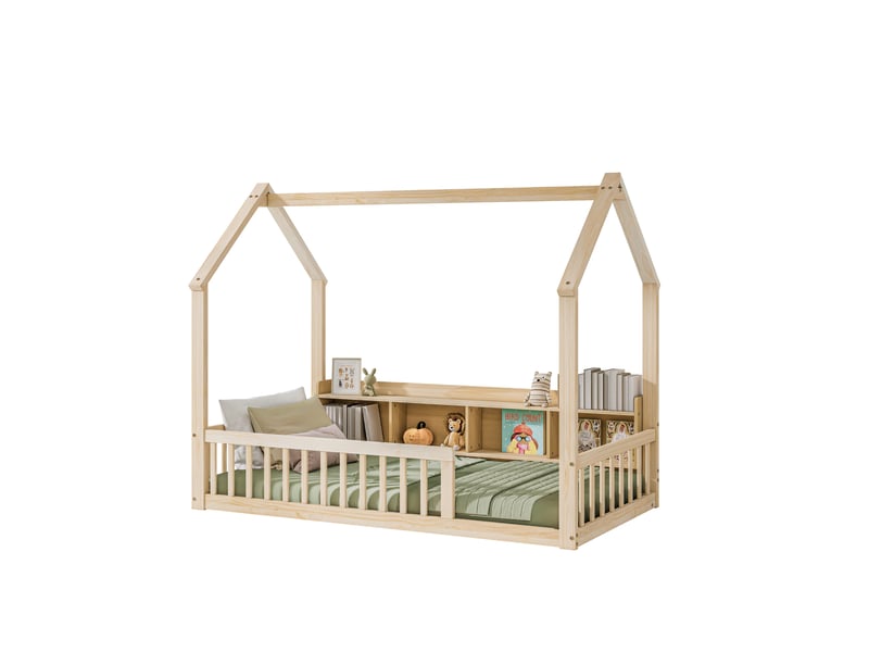  Lit cabane enfant 90 × 200 cm en bois de pin avec barrières de sécurité, étagères de rangement intégrées et cadre maison - naturel  - Conforama A
