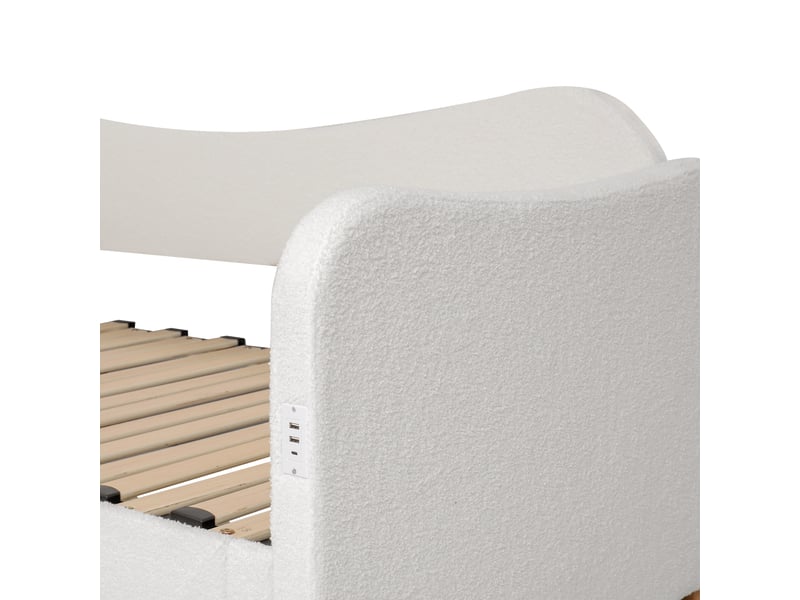 Lit gigogne 90x200 cm extensible 180x200, lit simple avec 2 tiroirs, usb+type-c, bouclé beige, sans matelas  - Conforama E