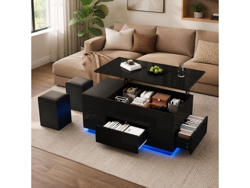  Table basse 100x50x45 cm relevable avec led, 2 tiroirs et 2 tabourets en panneaux de particules noir  - Conforama B