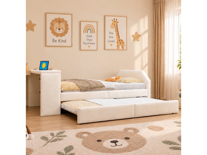  Lit jeune, coloris beige, matière velours, couchage 90x200 cm, dimensions : 236 x 98.5 x 75.5 cm  - Conforama D