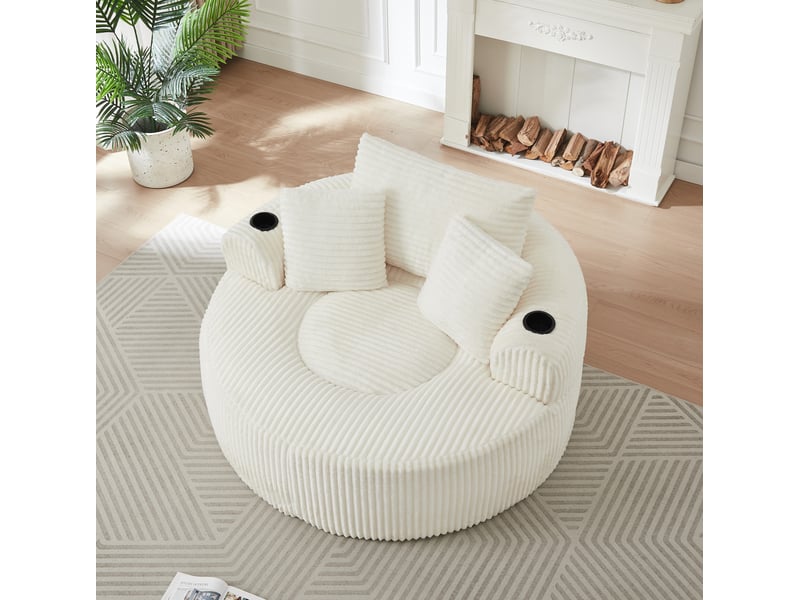  Fauteuil pouf rond 1 place avec 2 porte-gobelets, poches latérales et 3 coussins en velours côtelé beige  - Conforama E