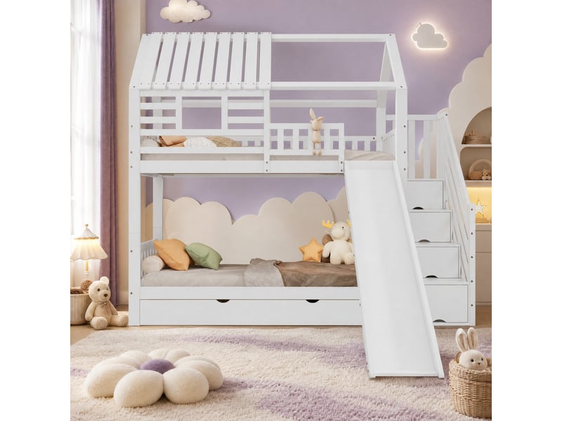  Lit superposé maison 90x200 cm x2, escalier avec rangement, tiroirs, toboggan inclus, bois mdf, blanc sans matelas  - Conforama B