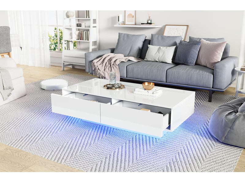  Table basse blanche brillante avec éclairage led et 2 tiroirs, 115x55x34 cm, panneaux de particules, blanc  - Conforama B