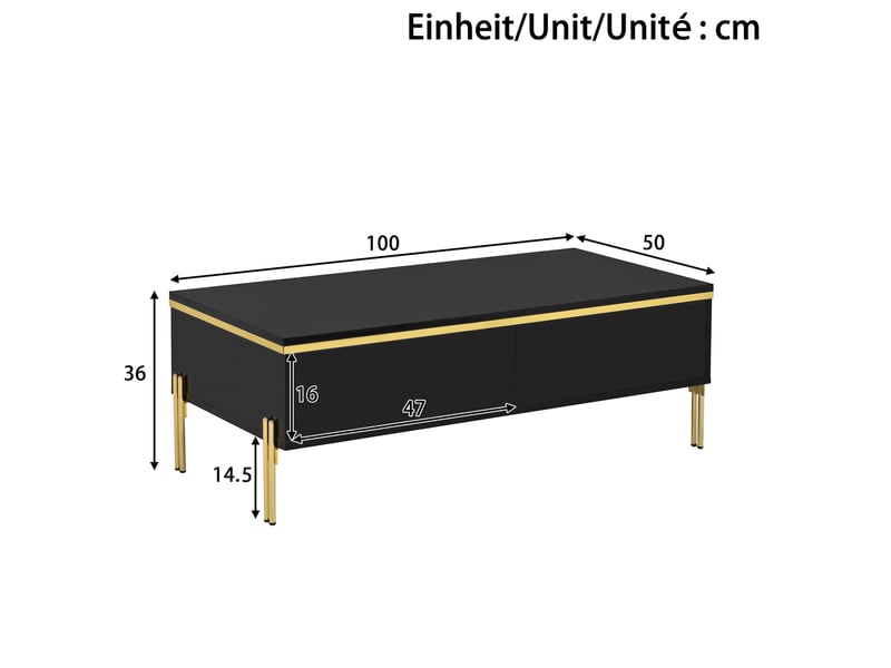  Ensemble meuble tv 170x38x50 cm, table basse 100x50x36 cm, brillant, panneaux de particules, noir et doré  - Conforama C