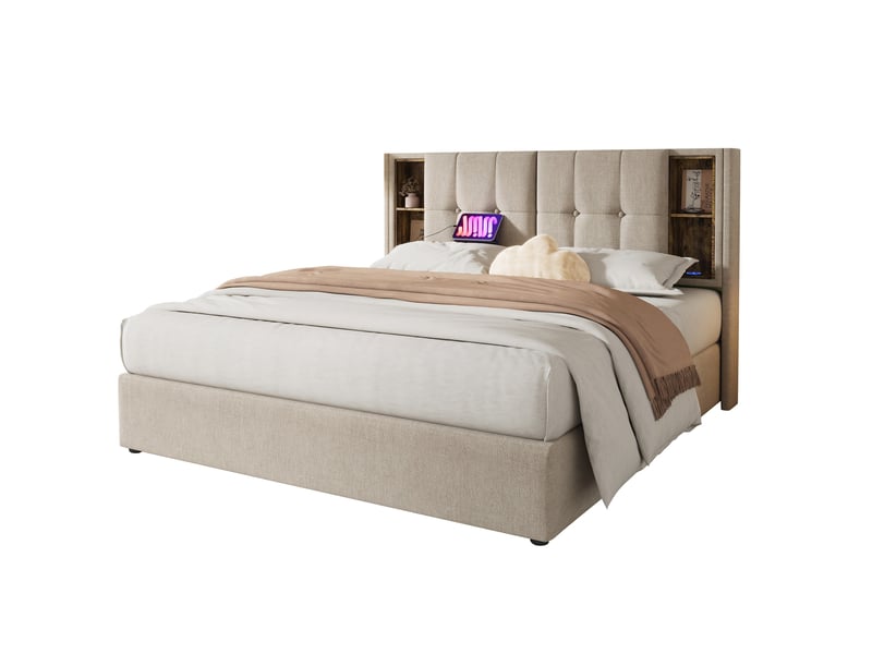  Lit coffre rembourré 180x200 cm avec rangement, recharge sans fil et usb-c, sommier à lattes en bois, tissu lin naturel Morn Vibe - Conforama A