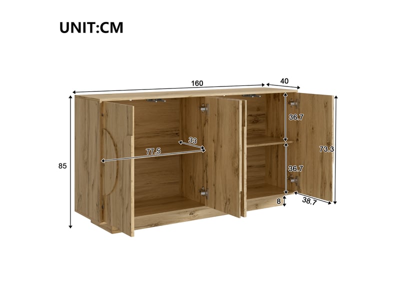 Buffet bas 160x40x85 cm avec 4 portes, étagères réglables, design sans poignées et façade décorative en relief - mdf bois - Conforama C