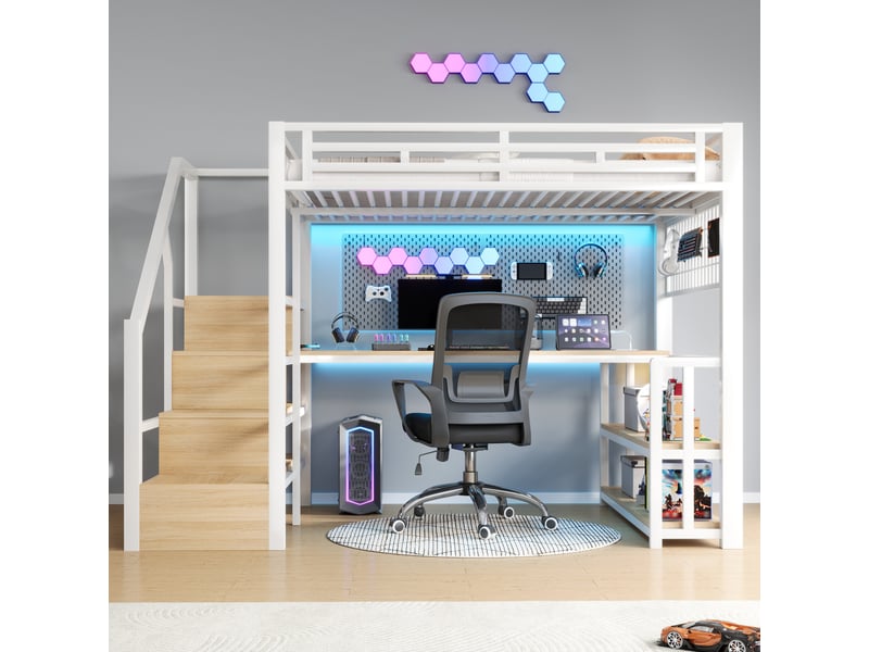  Lit mezzanine blanc 140 × 200 cm, bureau, led, rangements, 2 usb, type-c et grille suspendue  - Conforama B