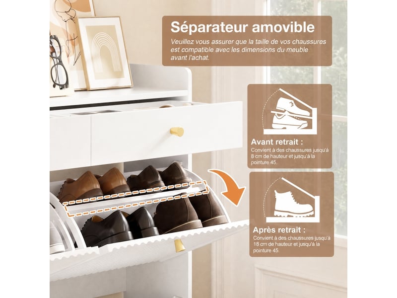  Meuble à chaussures étroit, 106,5x25x107 cm, 4 abattants, 2 tiroirs, pieds métal, blanc Fay Lum - Conforama D