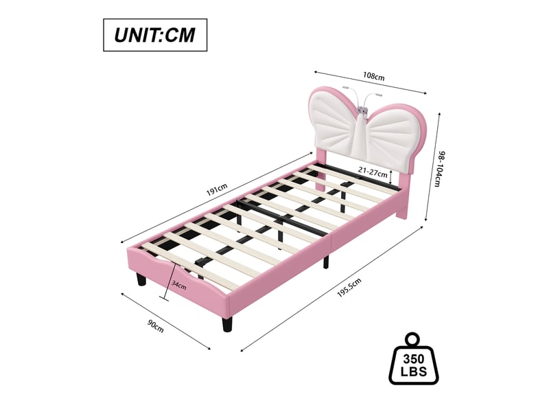 Lit enfant fille 90x190 cm, lit simple rembourré en velours avec tête de lit papillon et lampe de lecture led, hauteur réglable, rose et blanc - Conforama C