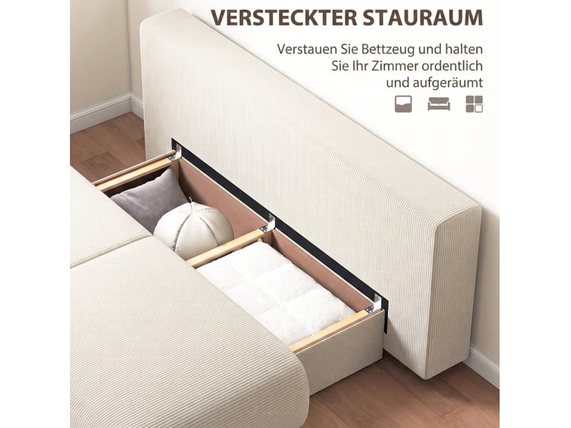  Canapé convertible 2 places avec dossier réglable, couchage et coffre de rangement en velours côtelé beige  - Conforama E
