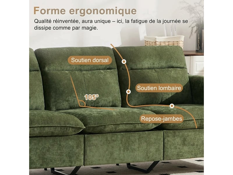  Canapé d'angle 3 places en chenille vert avec pouf de rangement et méridienne réversible - style nordique  - Conforama R