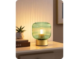 Lampe de table edishine t007 en verre vert cannelé et base métal doré e27 led 4w 2700k blanc chaud